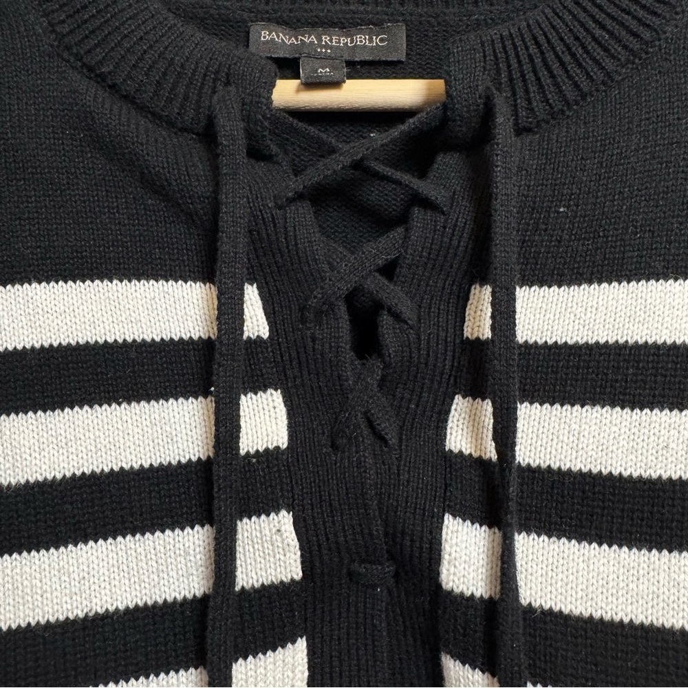 Banana Republic Black White Stripe Lace Up Cotton Sweater Size Medium Nautical - Picture 3 of 7